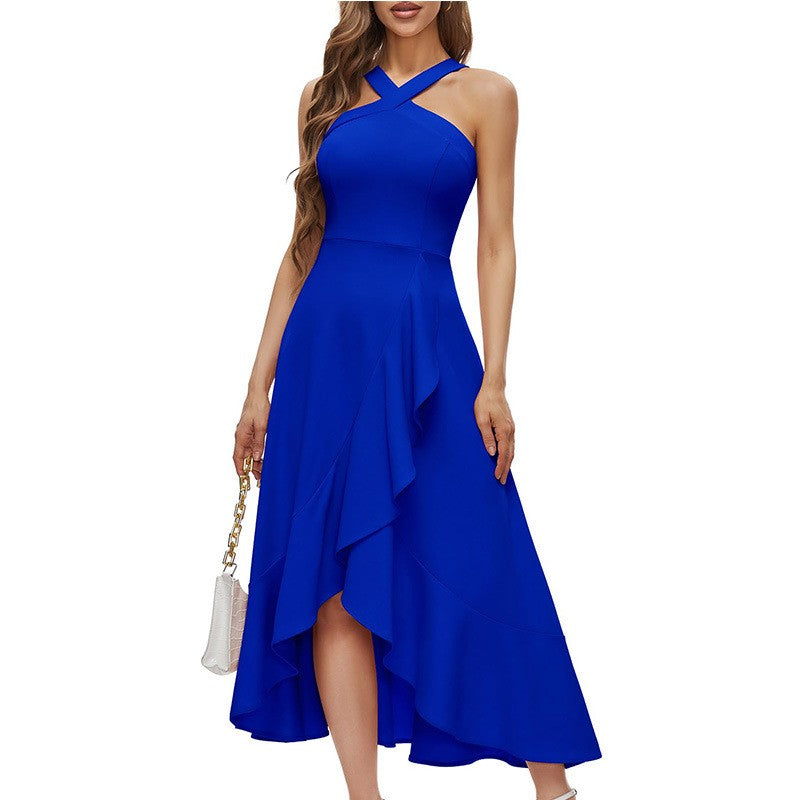 Crisscross Halter Ruffle High Low Midi Dress - Royal Blue