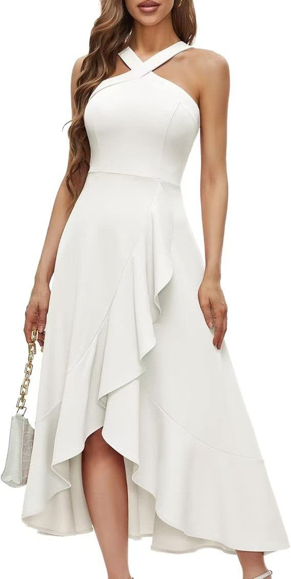 Crisscross Halter Ruffle High Low Midi Dress - White