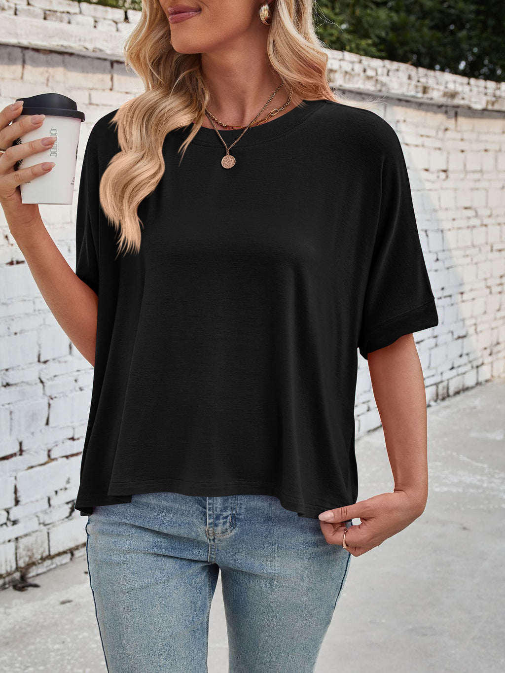 Slouchy Drop Shoulder Crewneck T-Shirt - Black