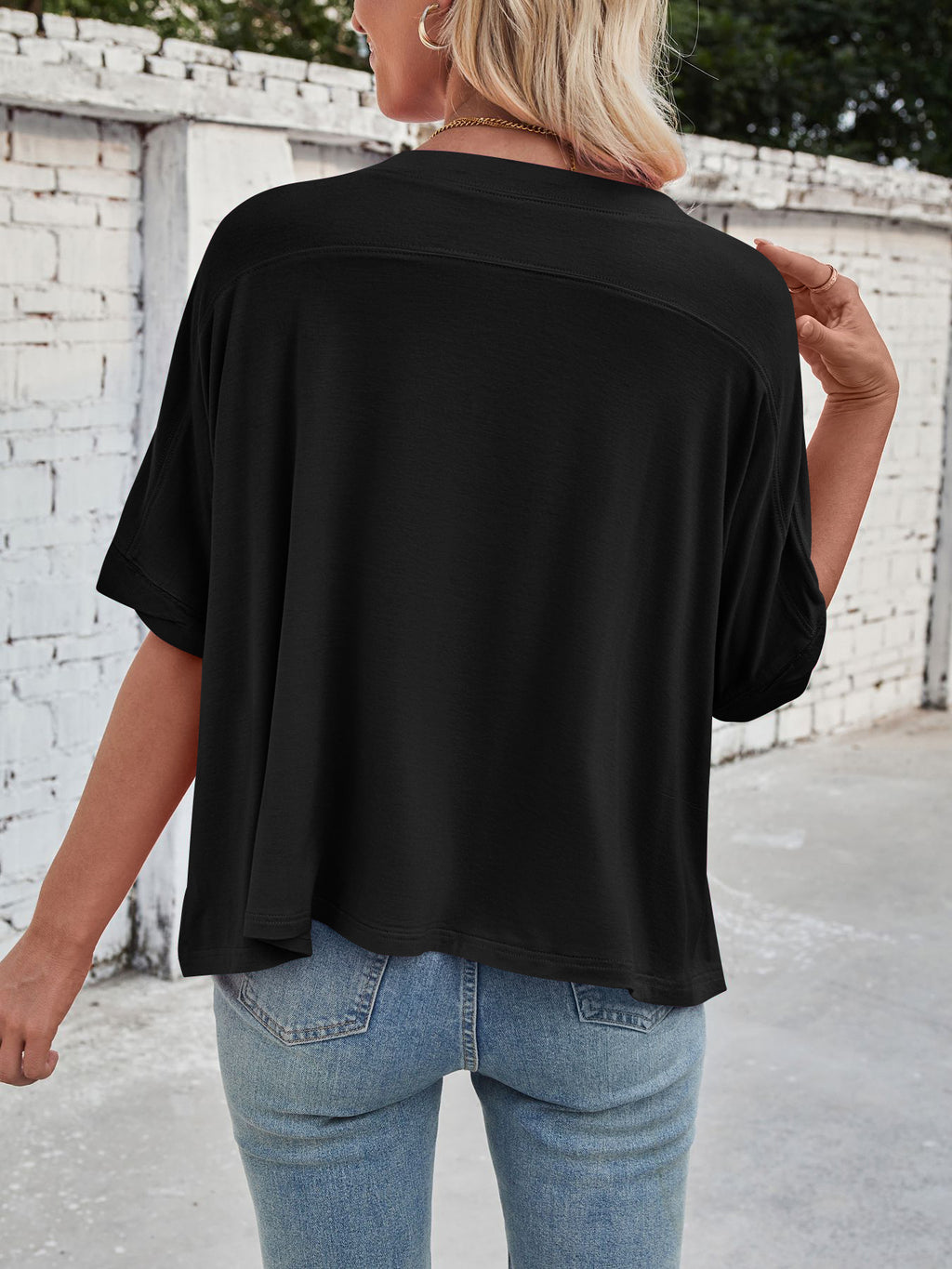 Slouchy Drop Shoulder Crewneck T-Shirt - Black - 3