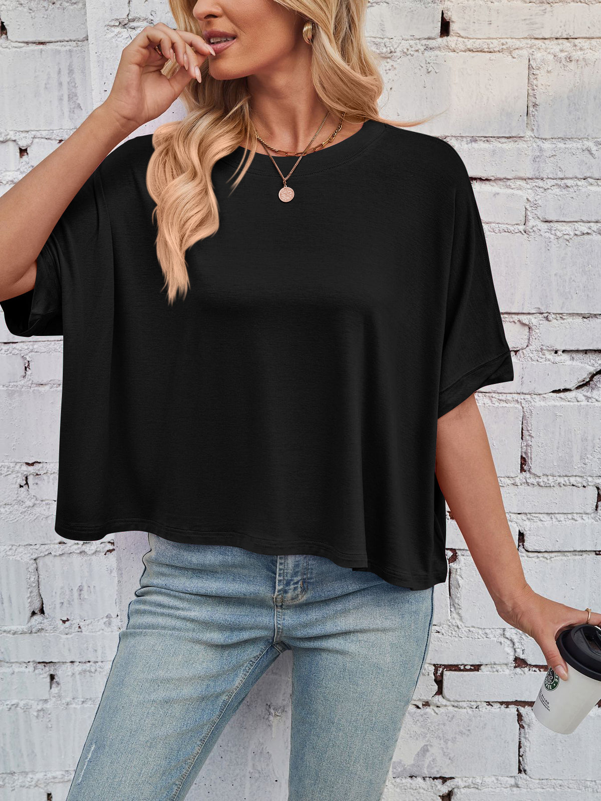 Slouchy Drop Shoulder Crewneck T-Shirt - Black - 4