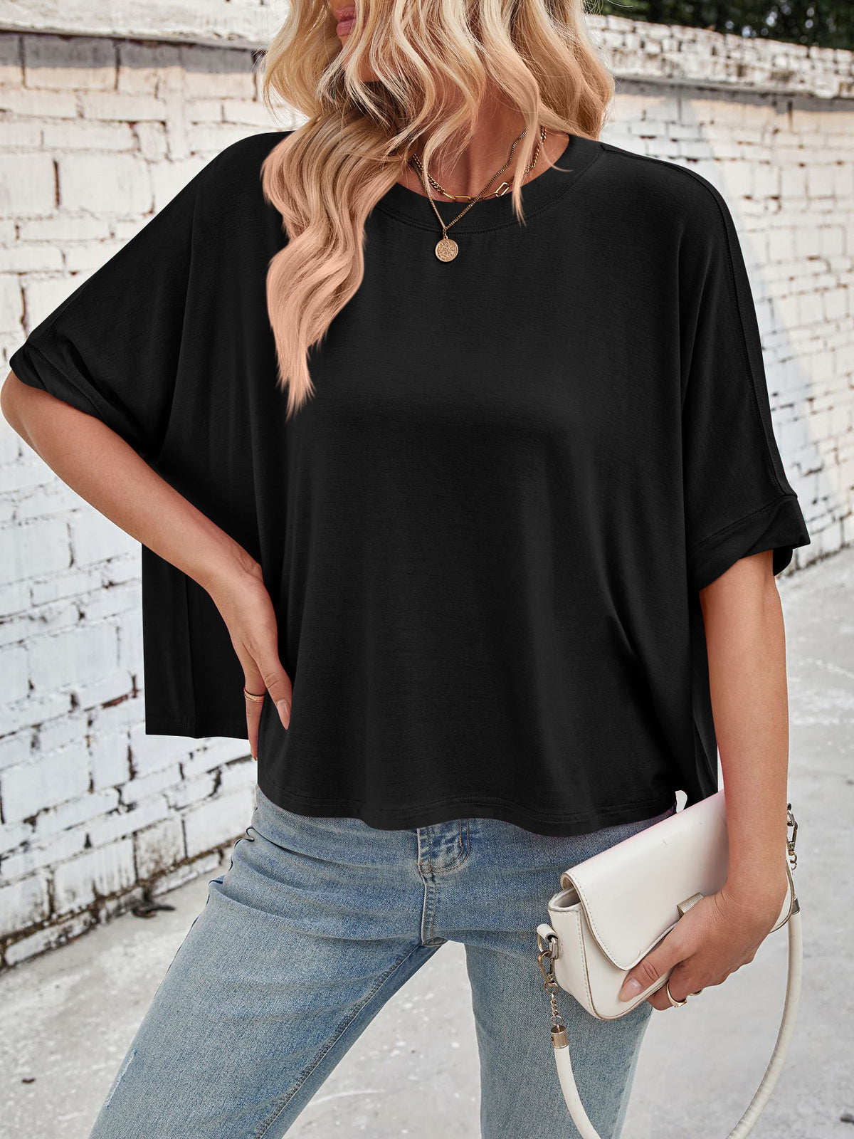 Slouchy Drop Shoulder Crewneck T-Shirt - Black - 5