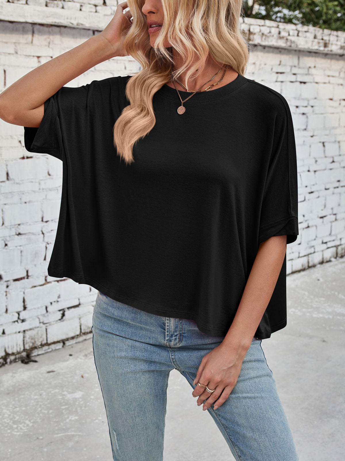 Slouchy Drop Shoulder Crewneck T-Shirt - Black - 7