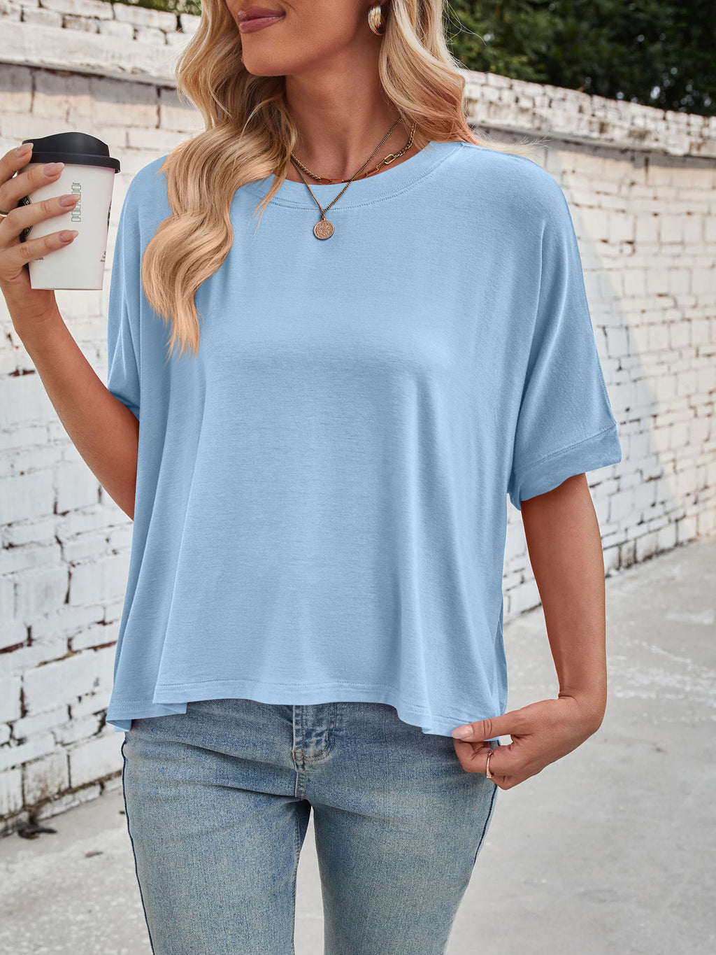 Slouchy Drop Shoulder Crewneck T-Shirt - Blue - 1