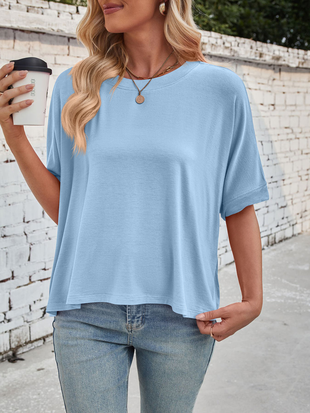 Slouchy Drop Shoulder Crewneck T-Shirt - Blue - 1