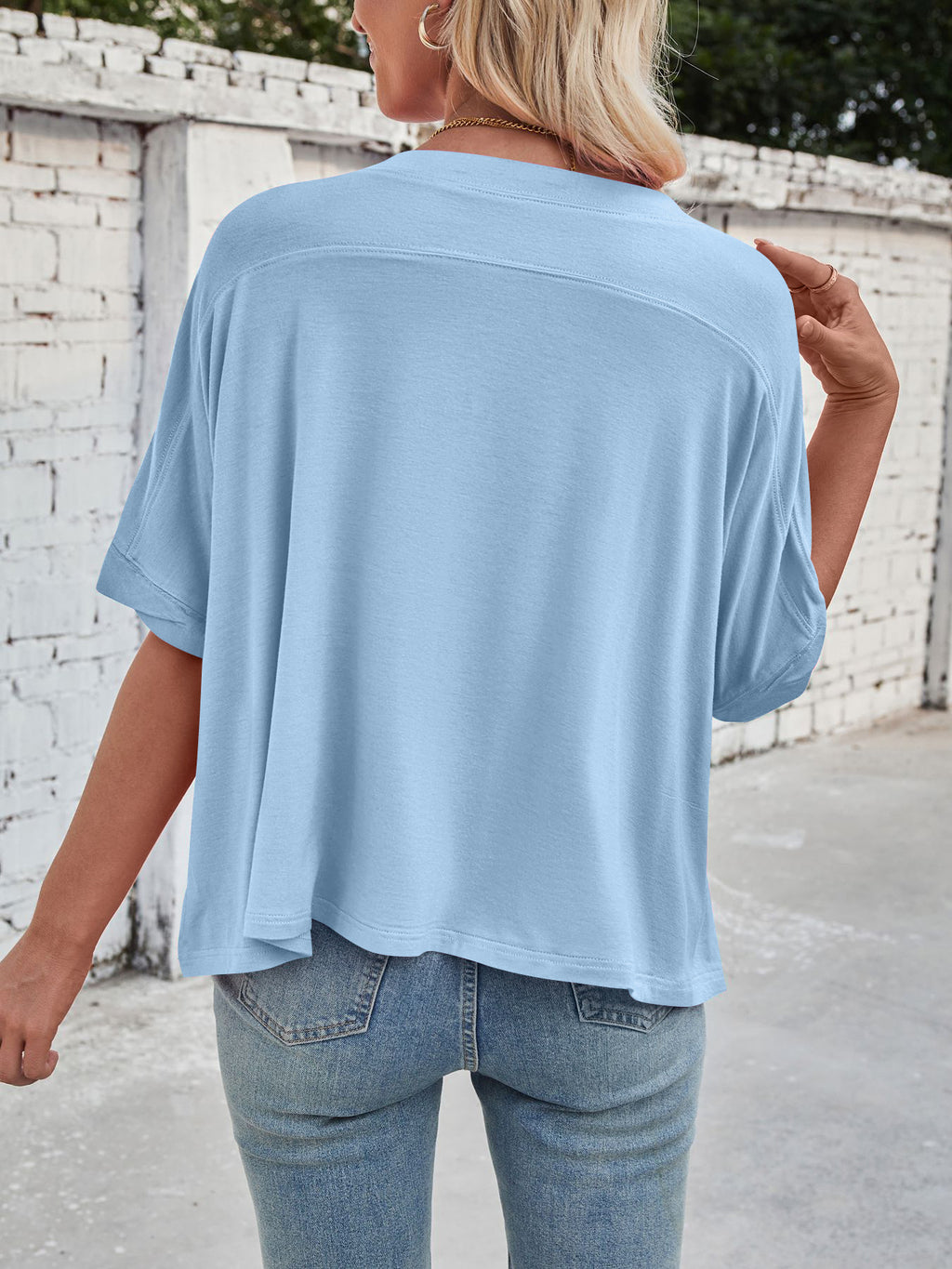 Slouchy Drop Shoulder Crewneck T-Shirt - Blue - 4