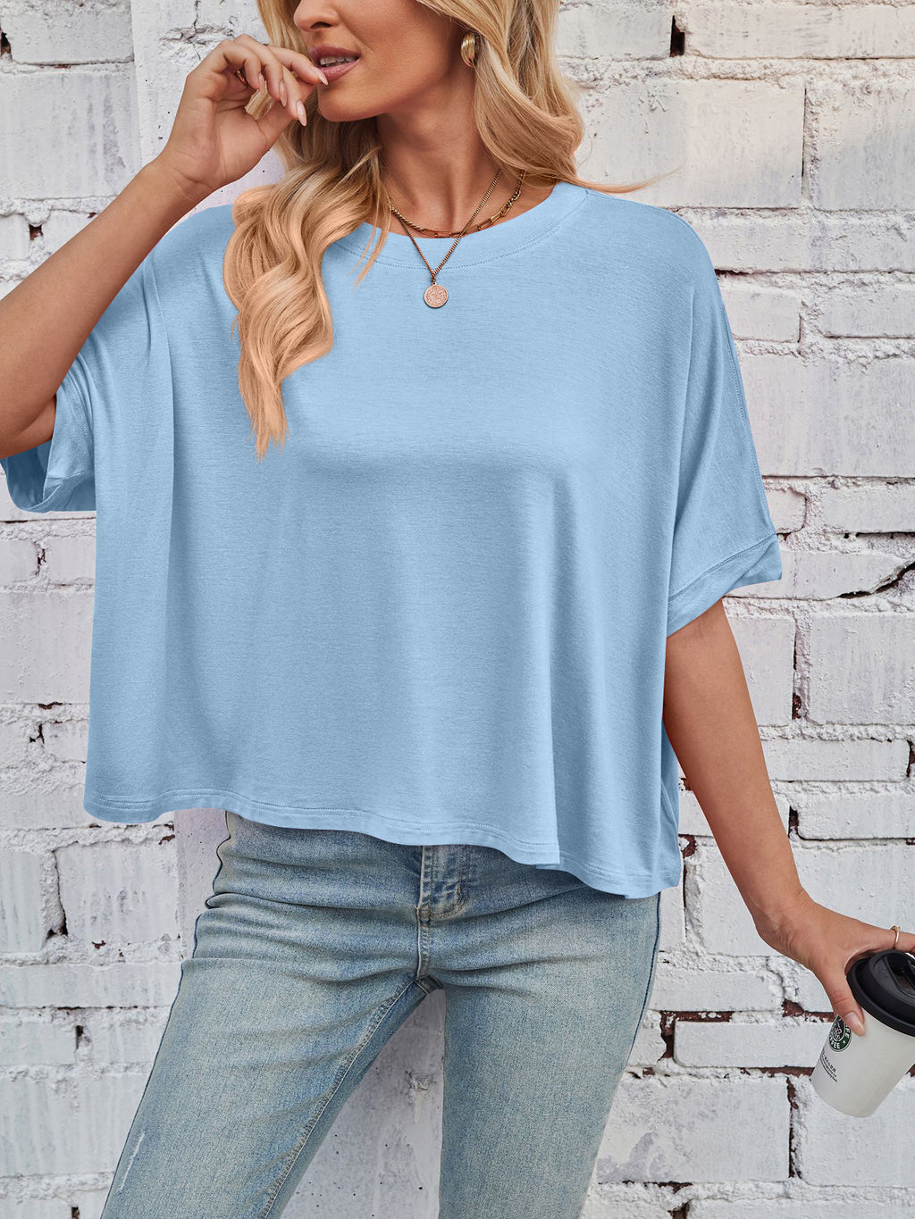 Slouchy Drop Shoulder Crewneck T-Shirt - Blue - 5