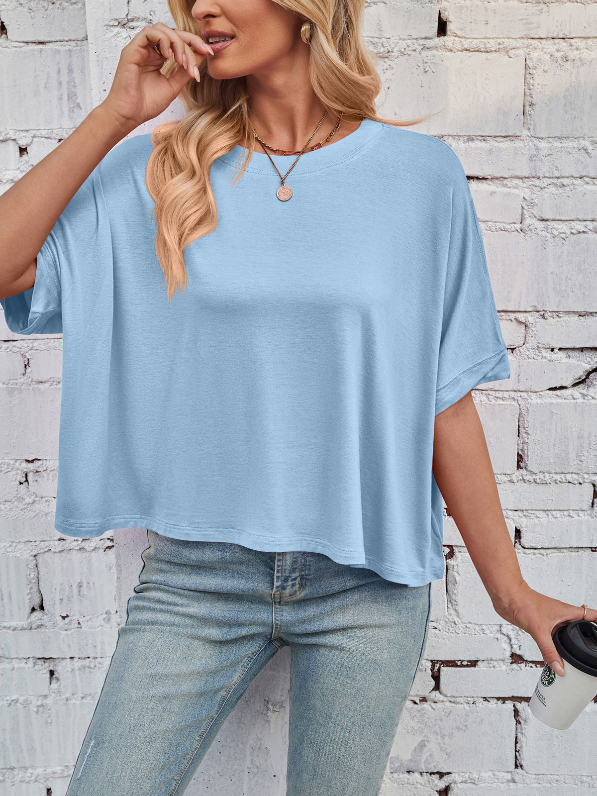 Slouchy Drop Shoulder Crewneck T-Shirt - Blue - 5