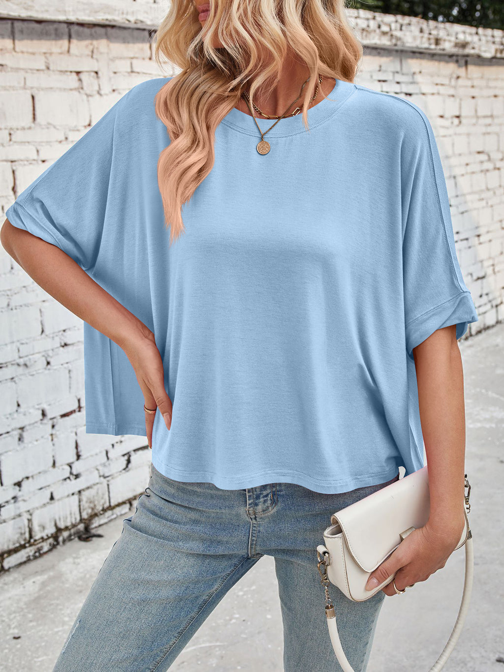 Slouchy Drop Shoulder Crewneck T-Shirt - Blue - 6