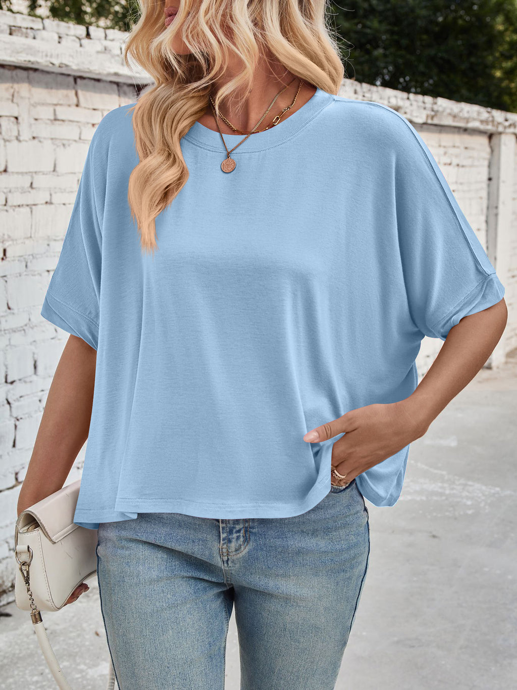 Slouchy Drop Shoulder Crewneck T-Shirt - Blue - 7