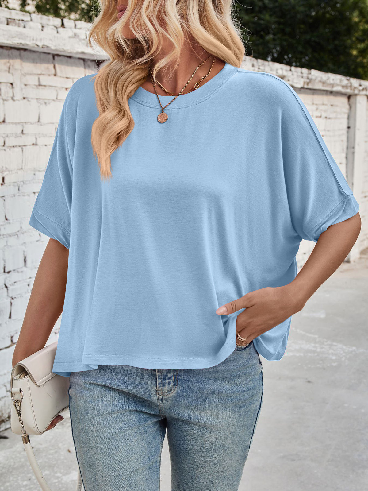 Slouchy Drop Shoulder Crewneck T-Shirt - Blue - 7