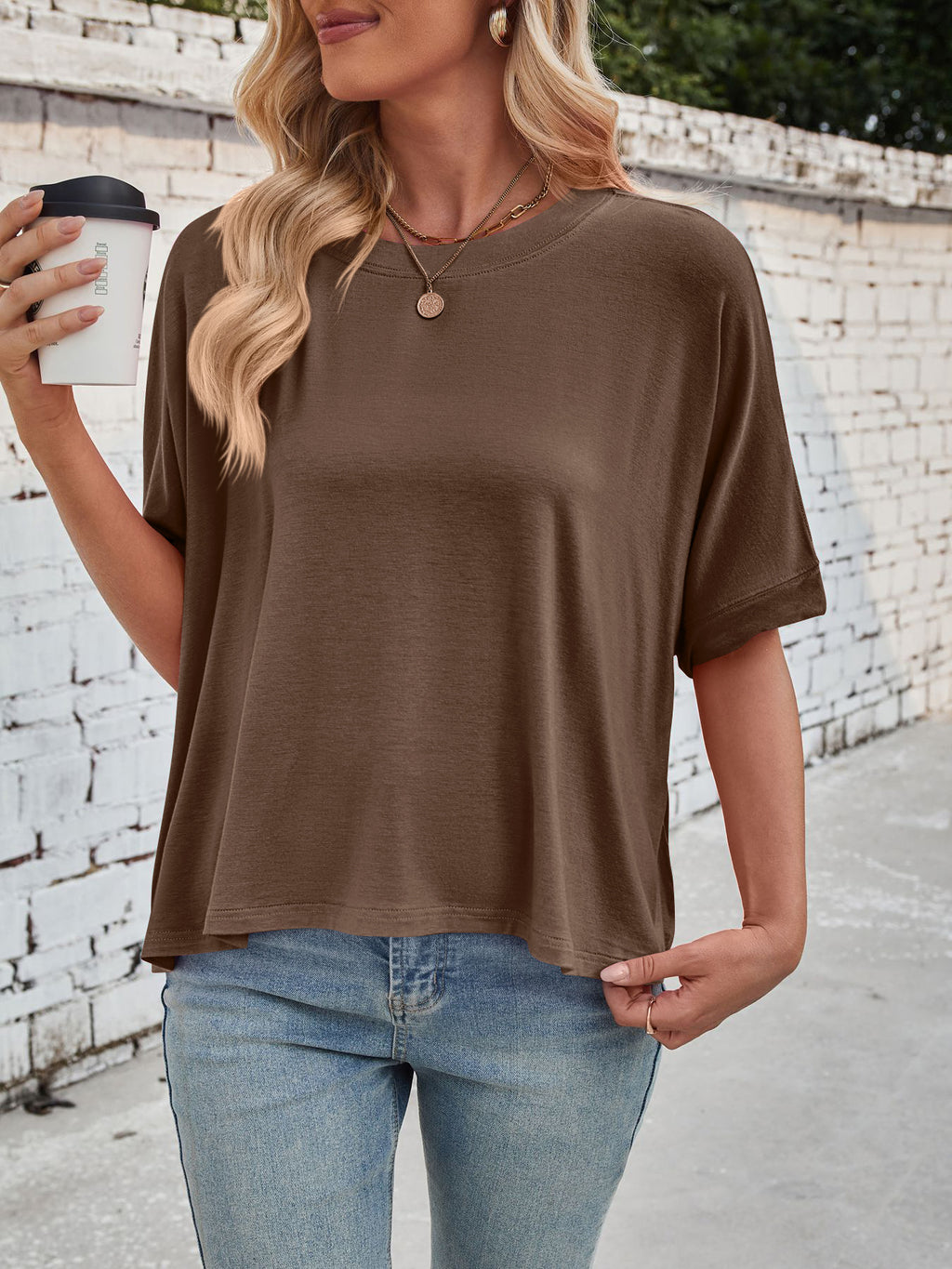 Slouchy Drop Shoulder Crewneck T-Shirt - Coffee - 1