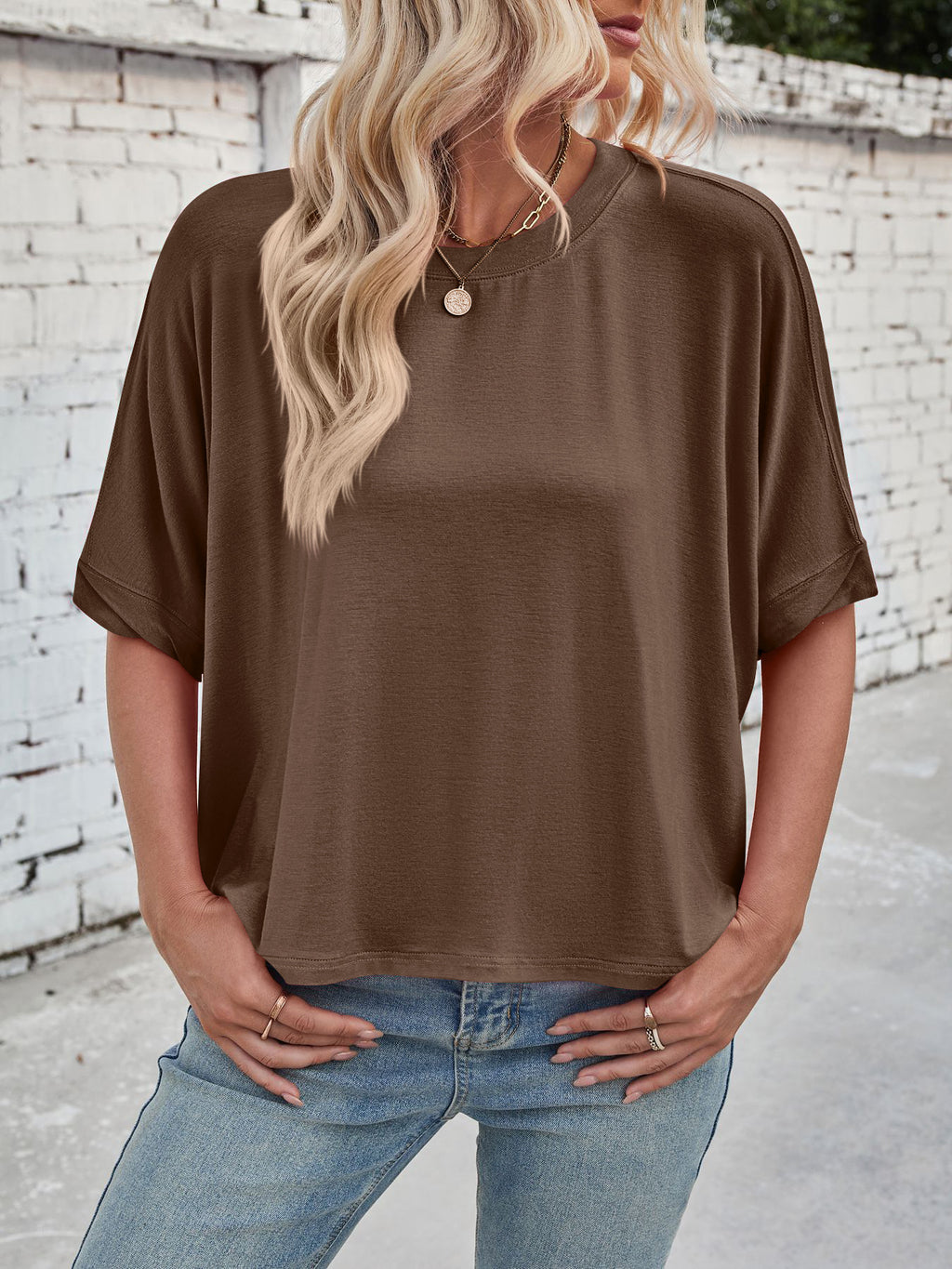 Slouchy Drop Shoulder Crewneck T-Shirt - Coffee - 3