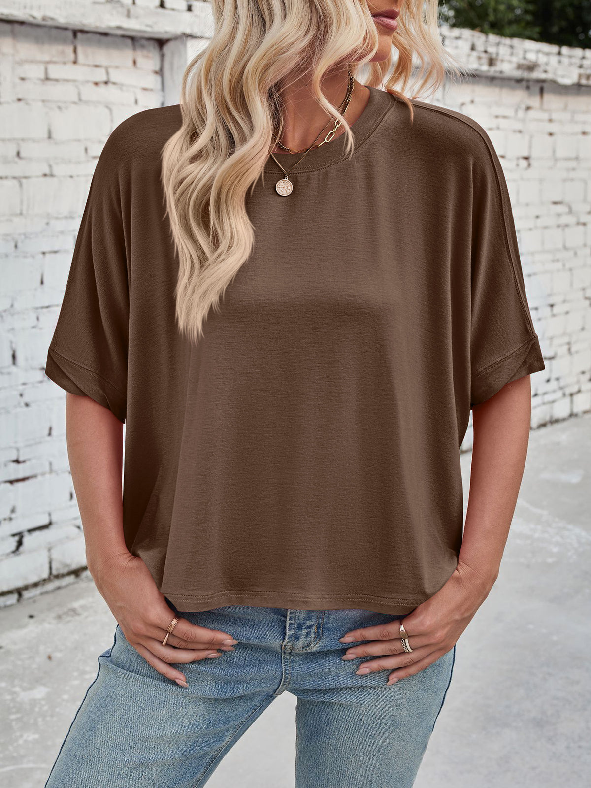Slouchy Drop Shoulder Crewneck T-Shirt - Coffee - 3