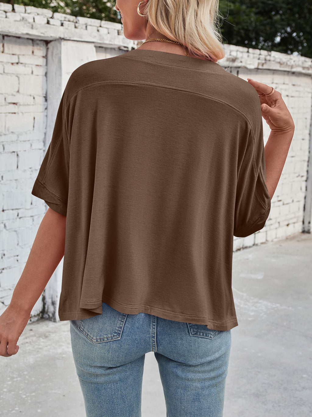 Slouchy Drop Shoulder Crewneck T-Shirt - Coffee - 4