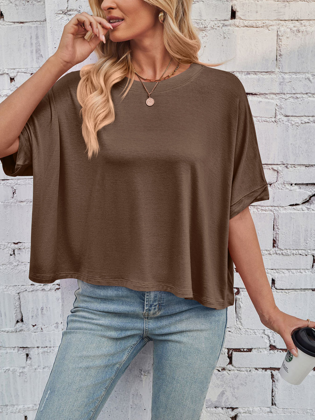Slouchy Drop Shoulder Crewneck T-Shirt - Coffee - 5