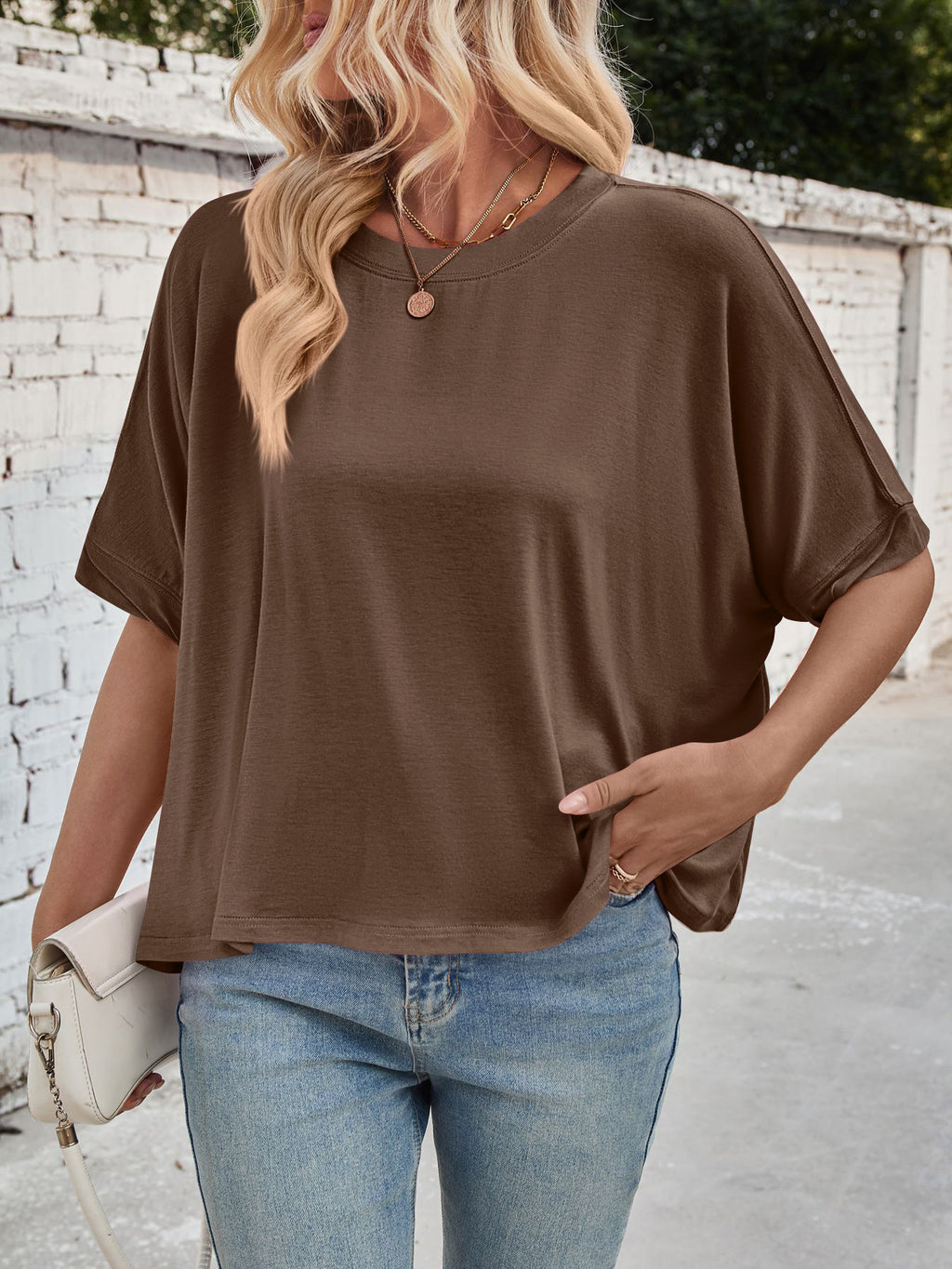 Slouchy Drop Shoulder Crewneck T-Shirt - Coffee - 7