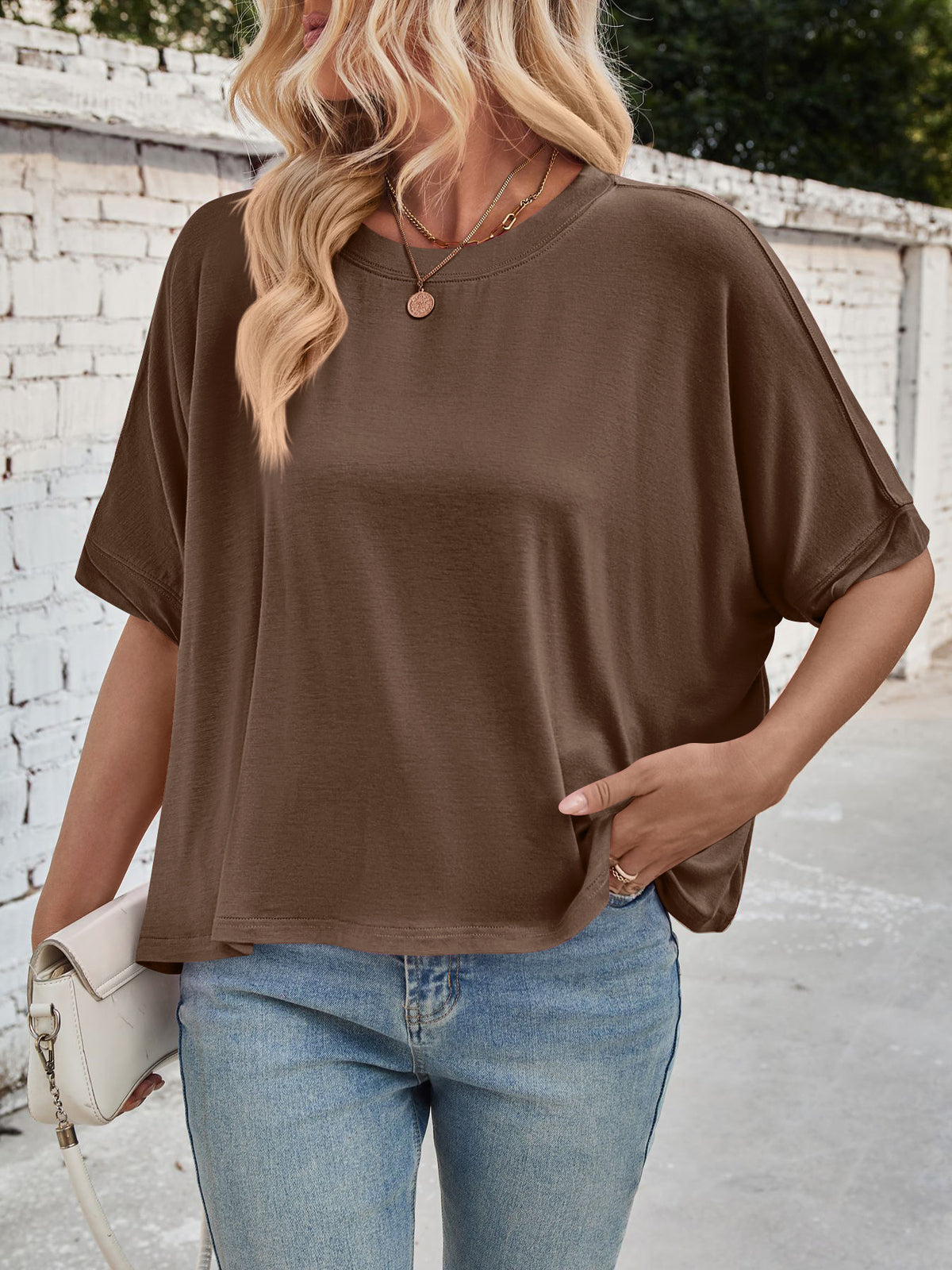 Slouchy Drop Shoulder Crewneck T-Shirt - Coffee - 7