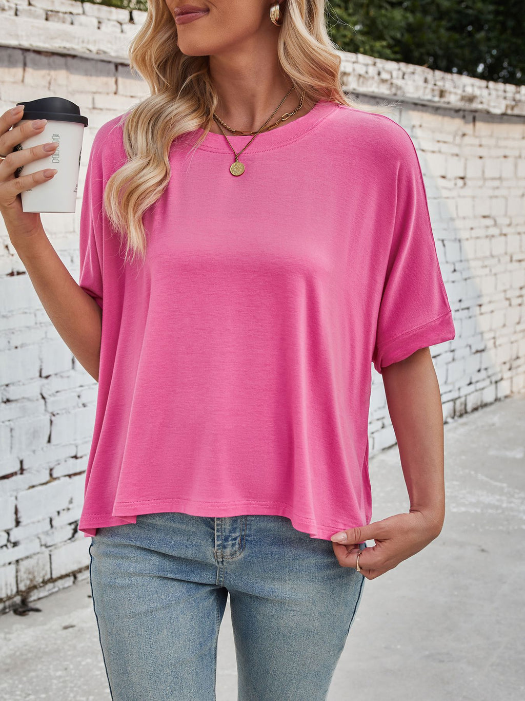 Slouchy Drop Shoulder Crewneck T-Shirt - Fuchsia - 3