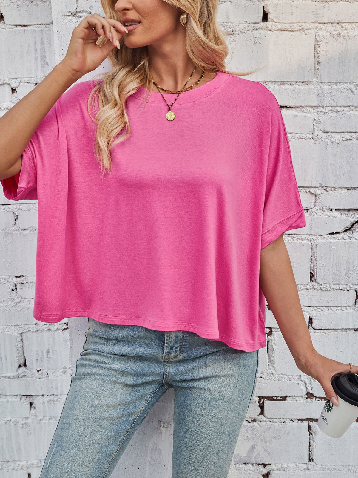Slouchy Drop Shoulder Crewneck T-Shirt - Fuchsia - 4
