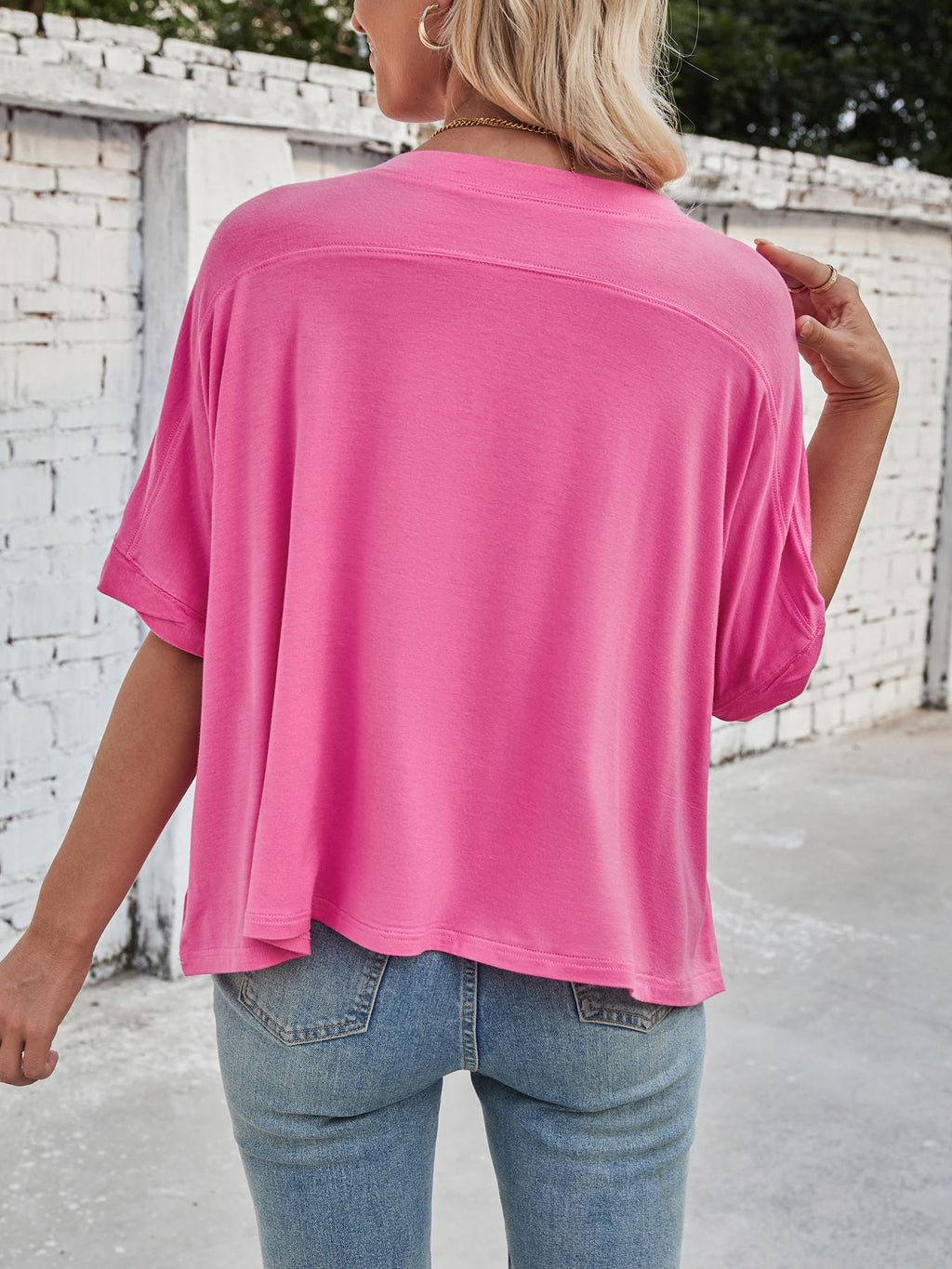 Slouchy Drop Shoulder Crewneck T-Shirt - Fuchsia - 5