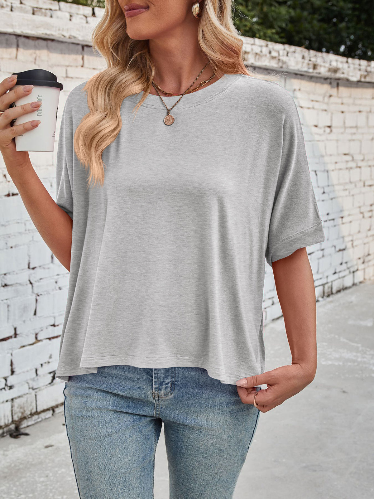 Slouchy Drop Shoulder Crewneck T-Shirt - Grey - 1