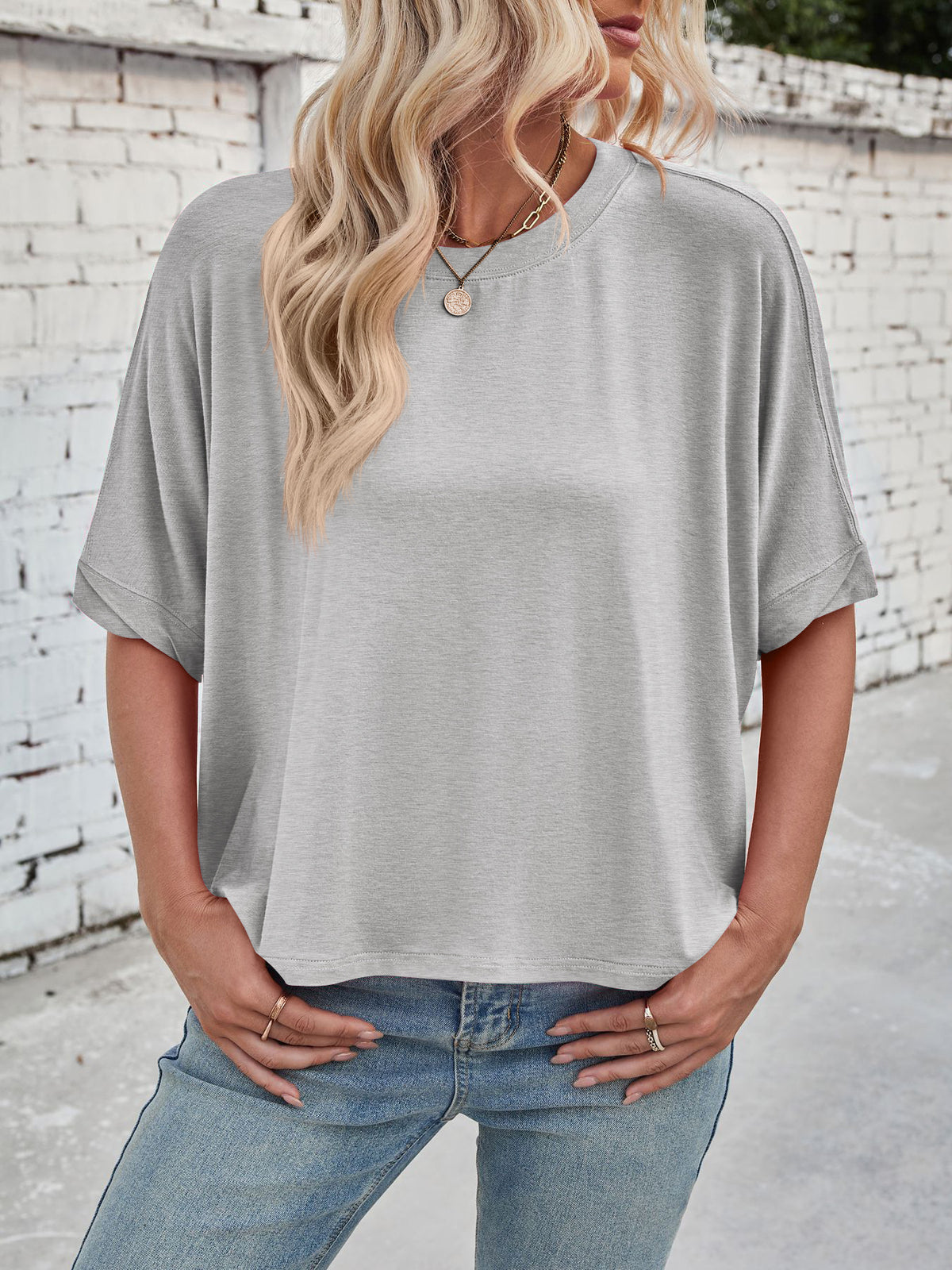 Slouchy Drop Shoulder Crewneck T-Shirt - Grey - 3