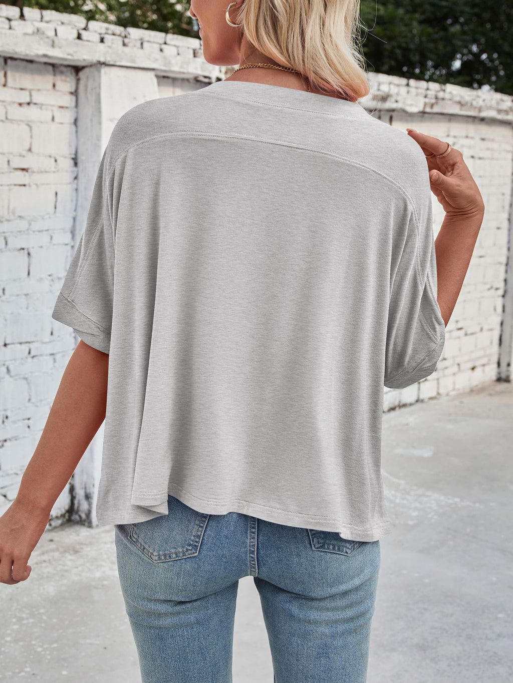 Slouchy Drop Shoulder Crewneck T-Shirt - Grey - 4