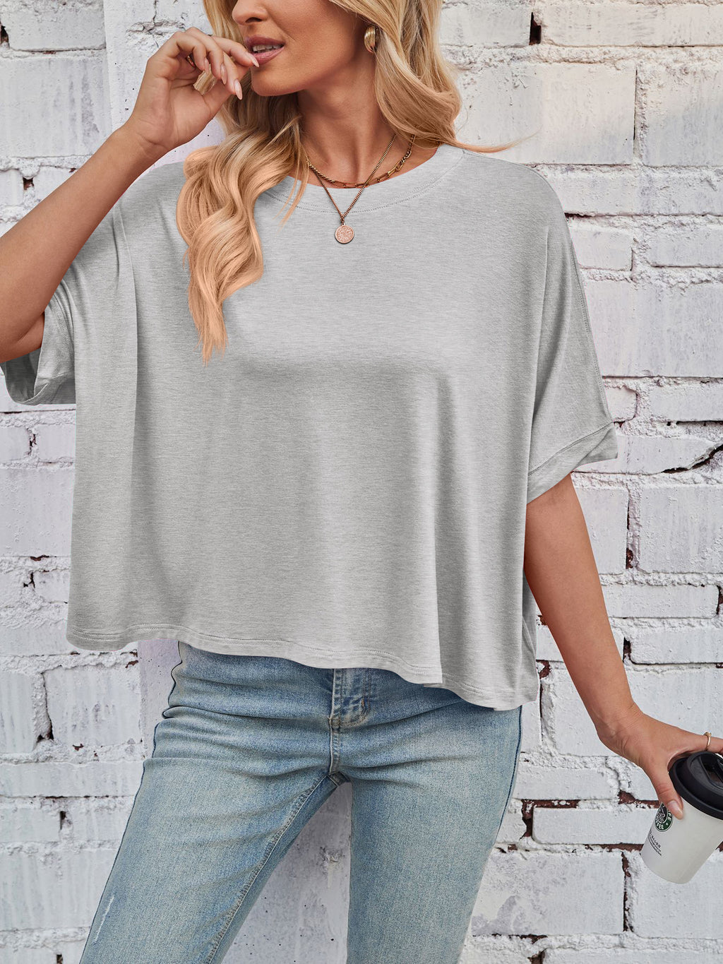 Slouchy Drop Shoulder Crewneck T-Shirt - Grey - 5