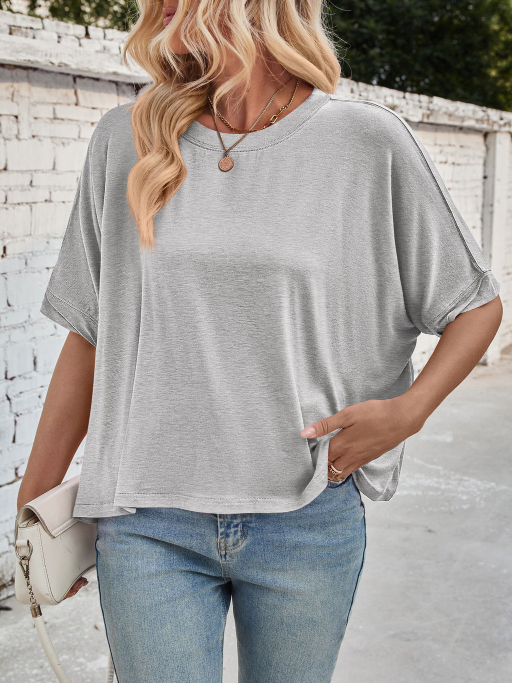 Slouchy Drop Shoulder Crewneck T-Shirt - Grey - 7