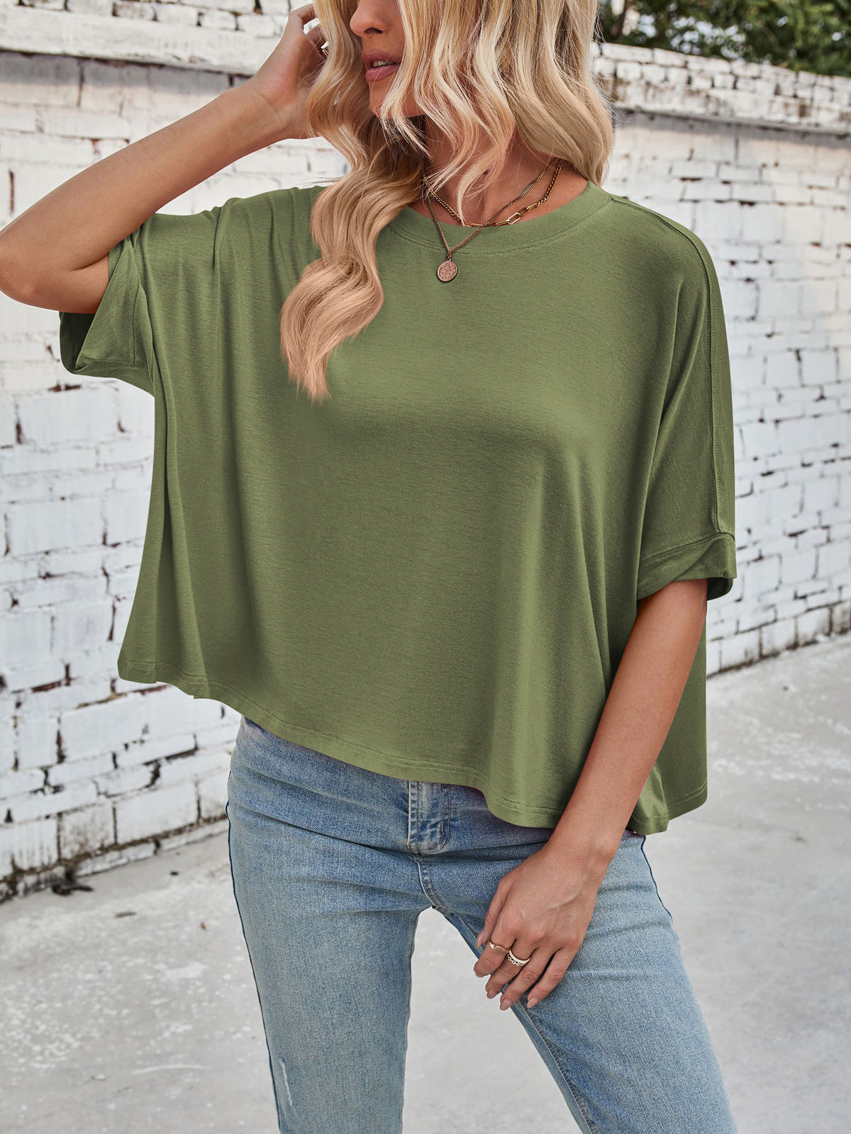 Slouchy Drop Shoulder Crewneck T-Shirt - Olive