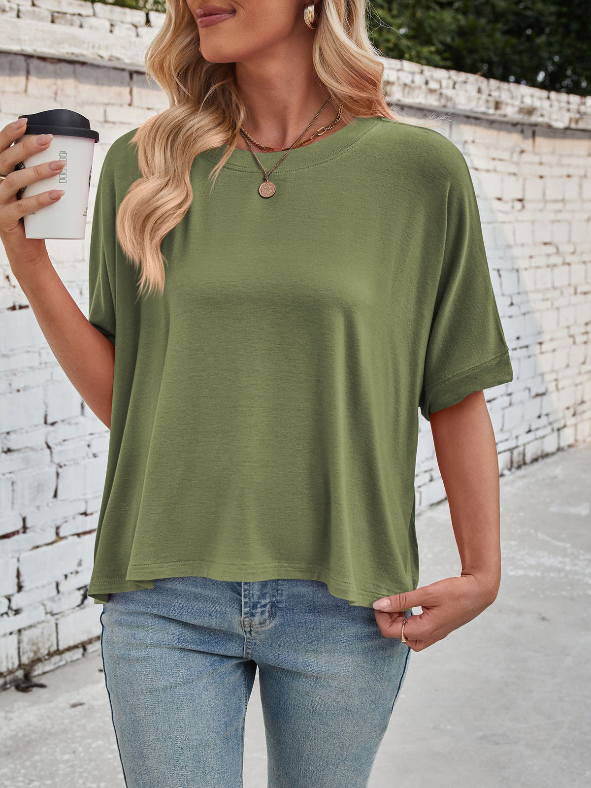 Slouchy Drop Shoulder Crewneck T-Shirt - Olive - 1