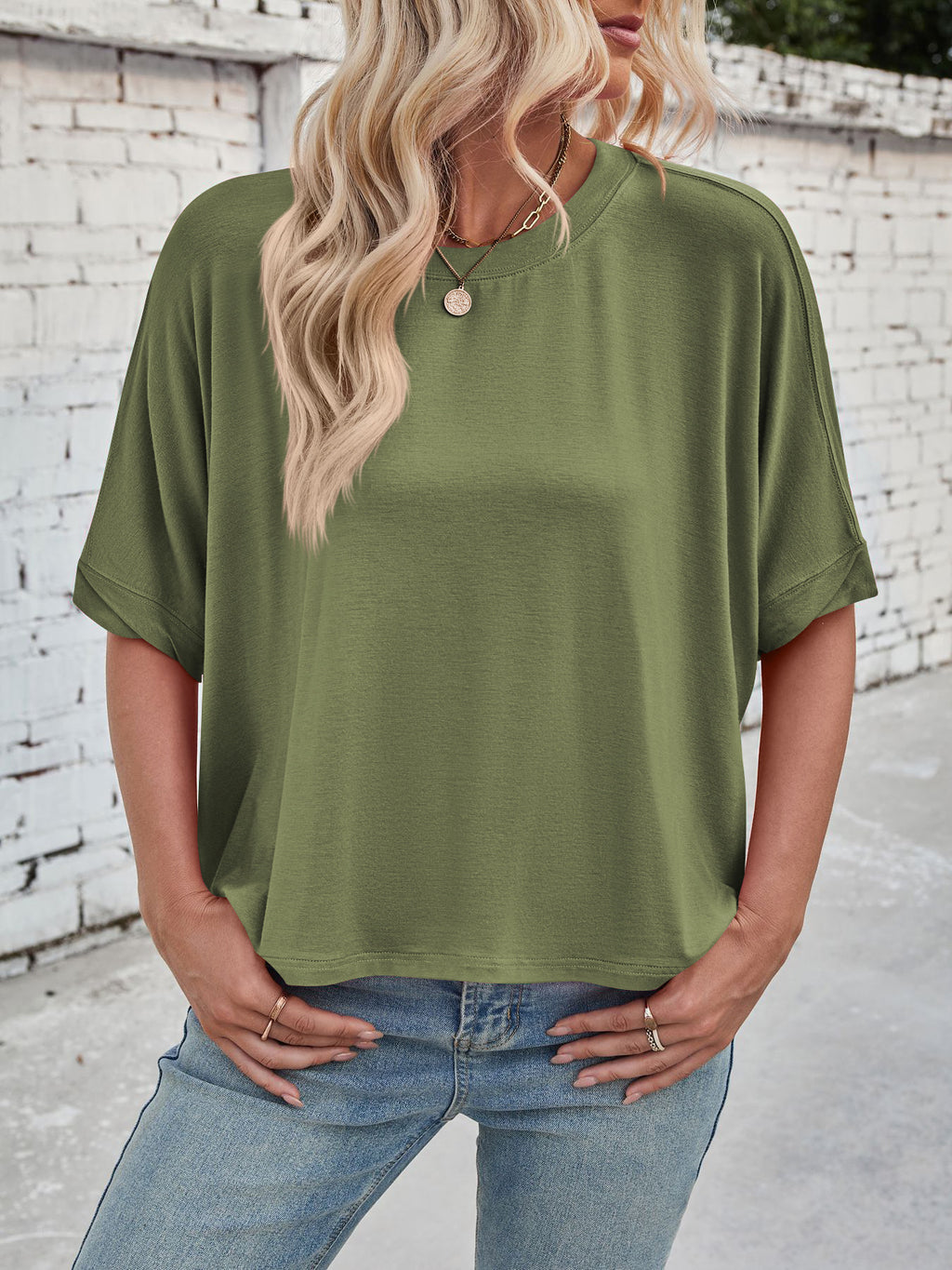 Slouchy Drop Shoulder Crewneck T-Shirt - Olive - 3