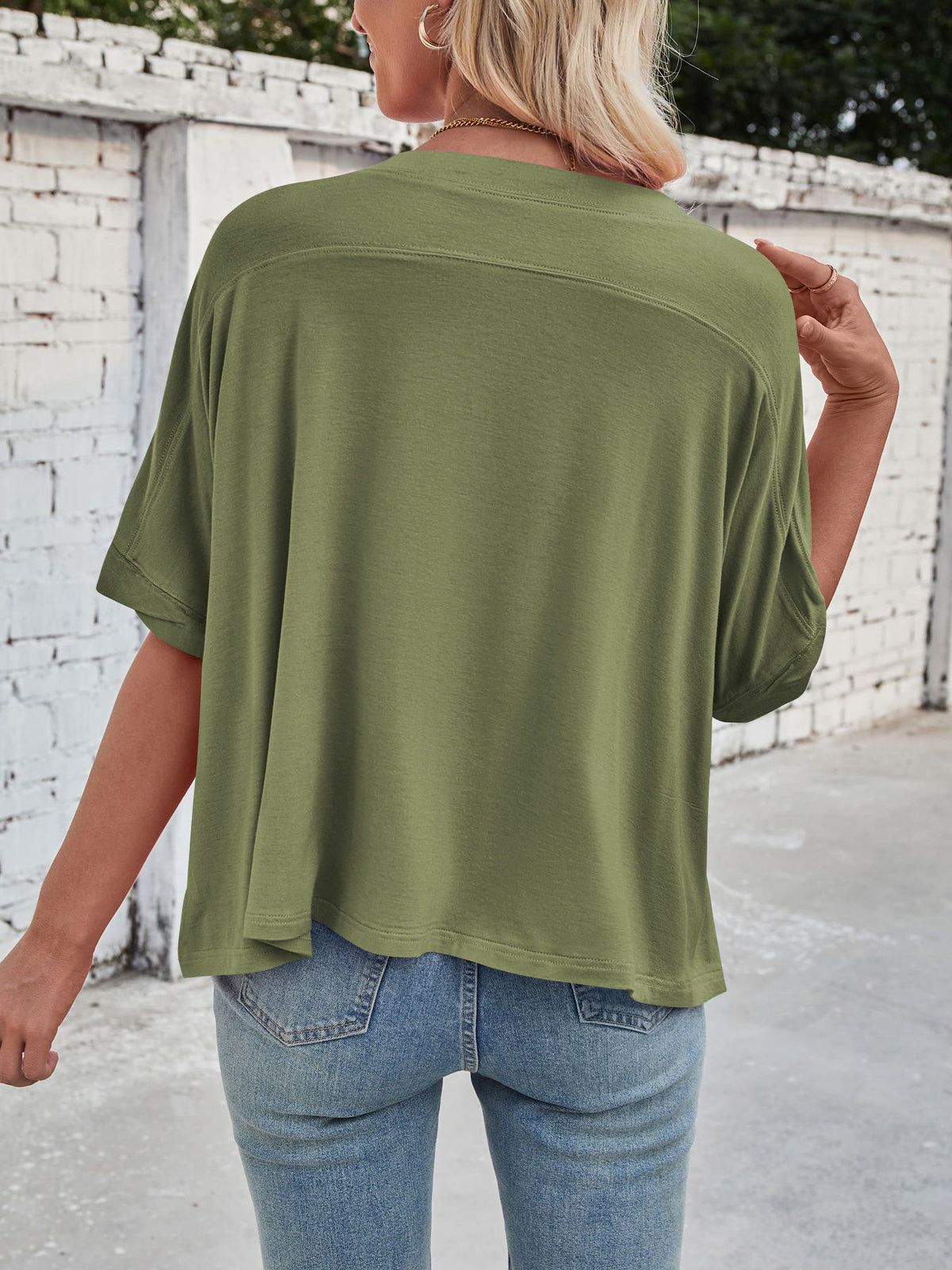 Slouchy Drop Shoulder Crewneck T-Shirt - Olive - 4