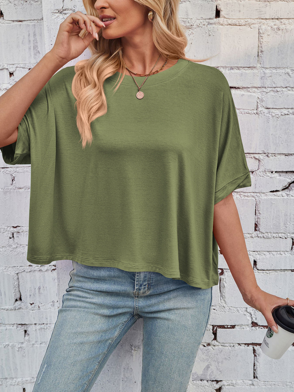 Slouchy Drop Shoulder Crewneck T-Shirt - Olive - 5