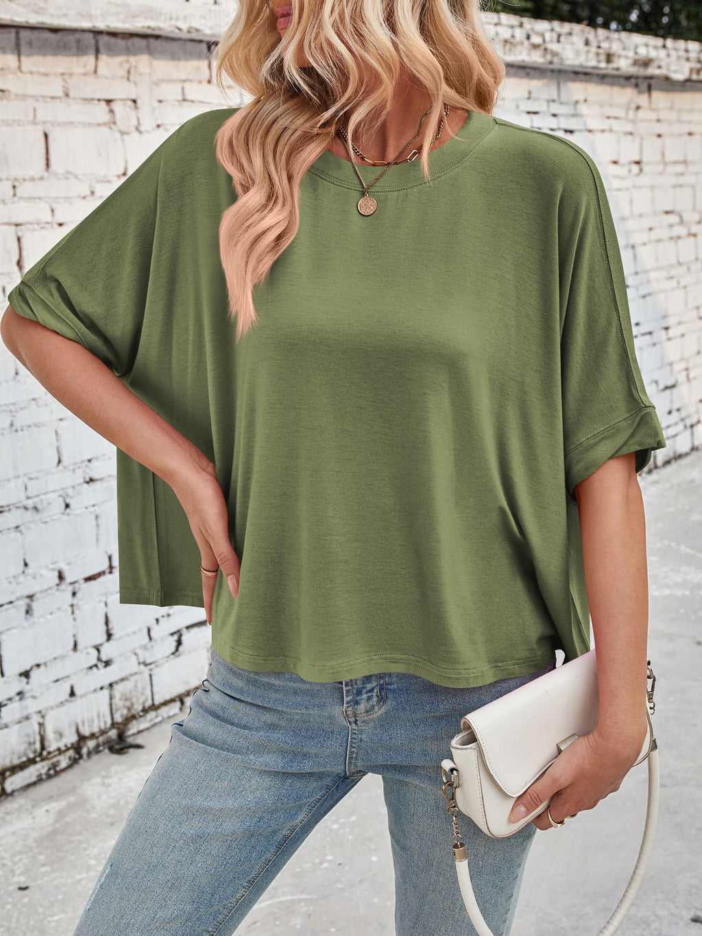 Slouchy Drop Shoulder Crewneck T-Shirt - Olive - 6