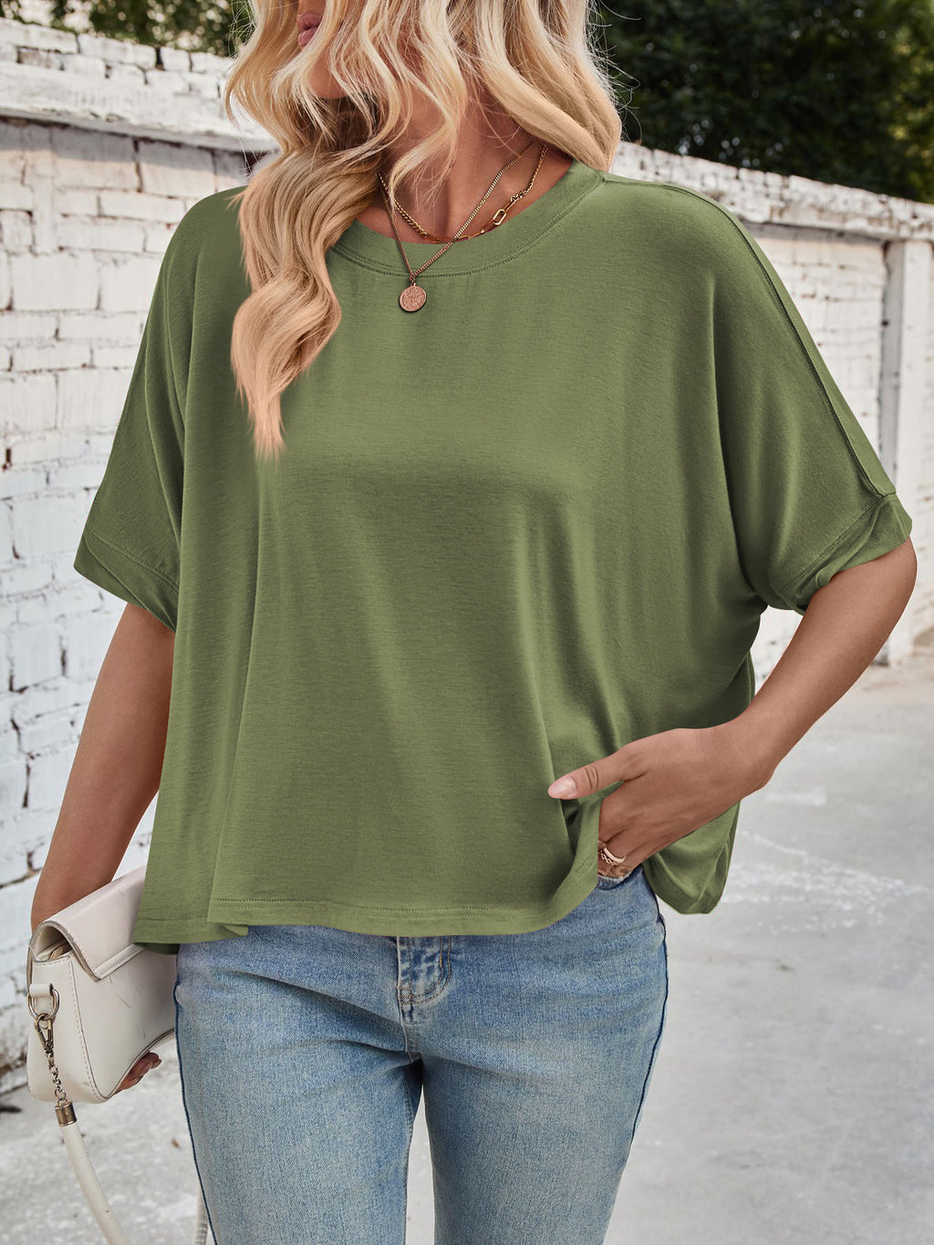 Slouchy Drop Shoulder Crewneck T-Shirt - Olive - 7