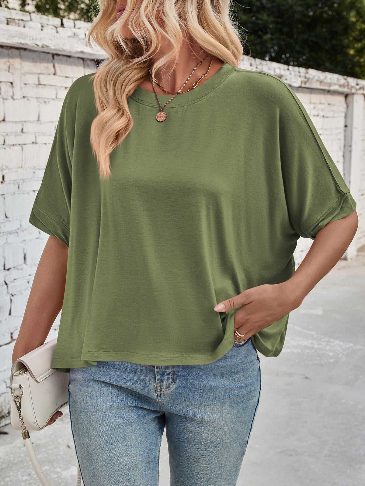 Slouchy Drop Shoulder Crewneck T-Shirt - Olive - 7