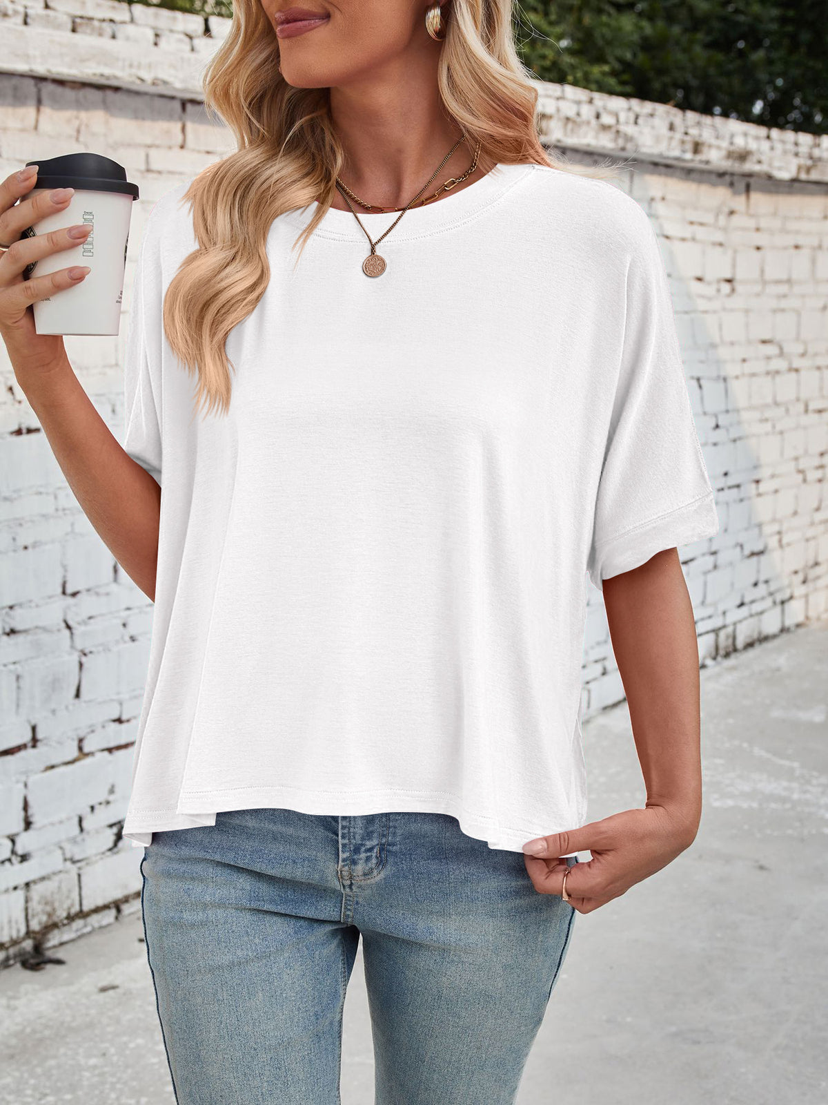 Slouchy Drop Shoulder Crewneck T-Shirt - White - 3