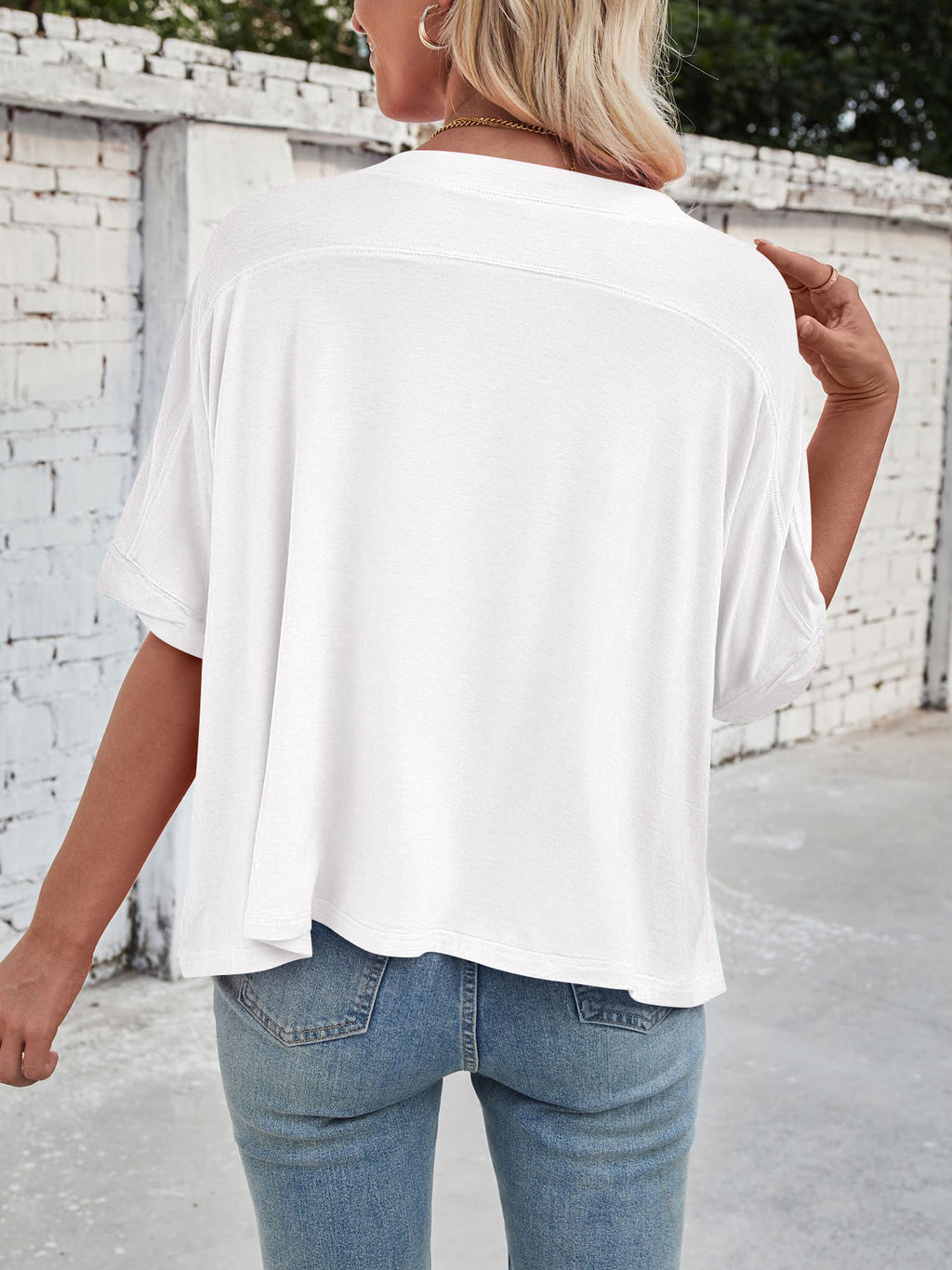 Slouchy Drop Shoulder Crewneck T-Shirt - White - 6