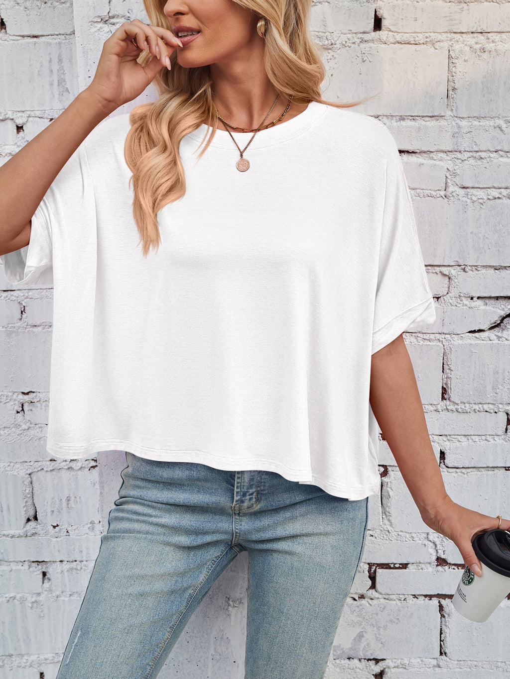 Slouchy Drop Shoulder Crewneck T-Shirt - White - 7