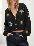 Celestial Embroidered Cropped Knit Cardigan - Black