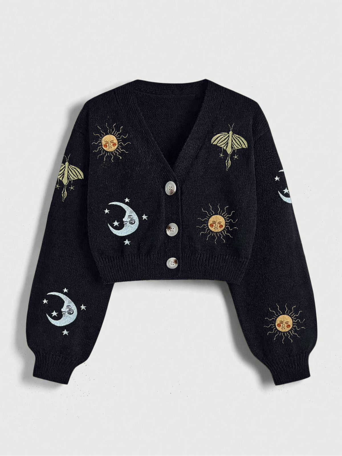 Celestial Embroidered Cropped Knit Cardigan - Black - 1