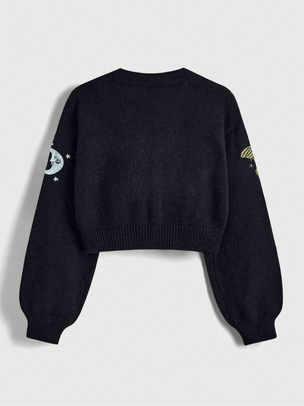 Celestial Embroidered Cropped Knit Cardigan - Black - 2