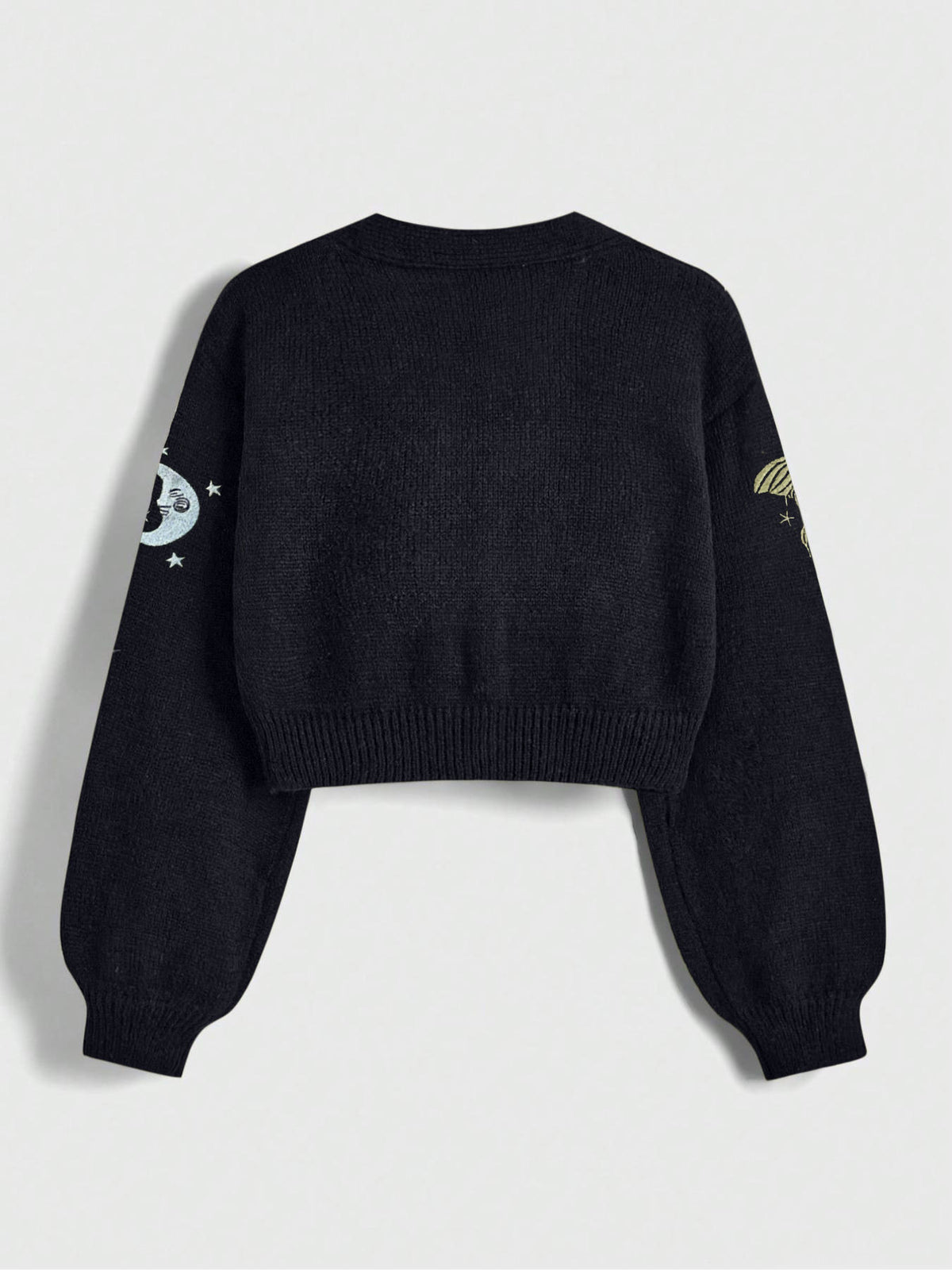 Celestial Embroidered Cropped Knit Cardigan - Black - 2