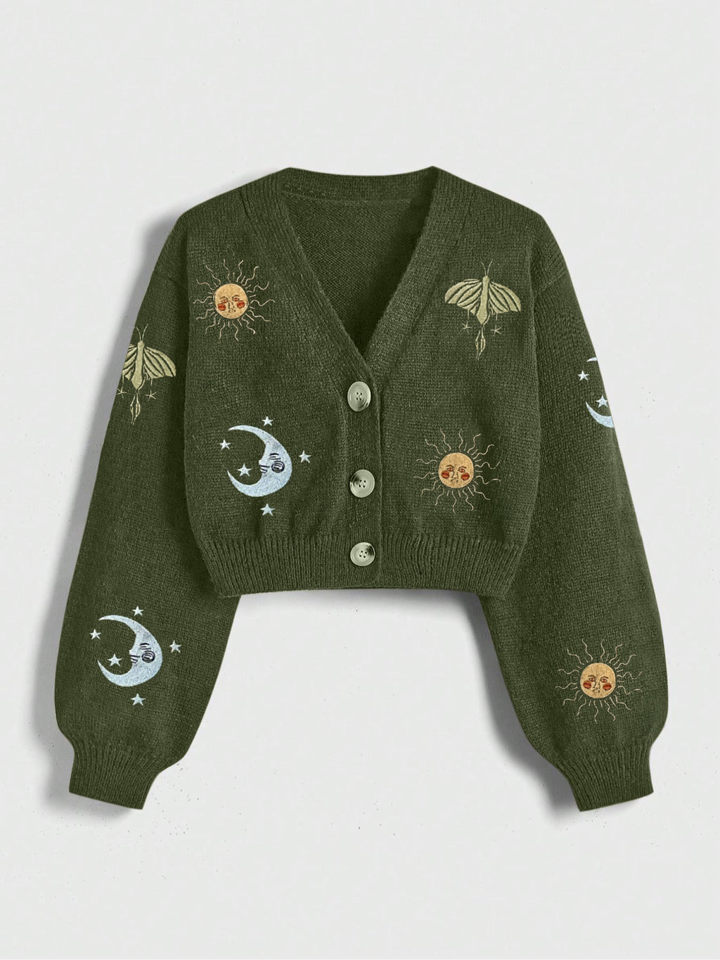 Celestial Embroidered Cropped Knit Cardigan - Green