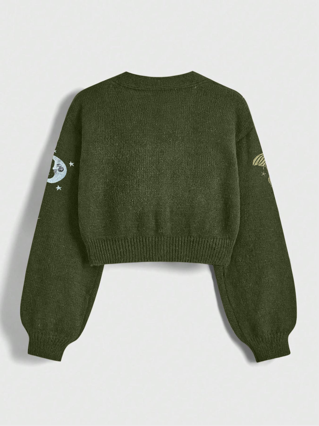 Celestial Embroidered Cropped Knit Cardigan - Green - 1