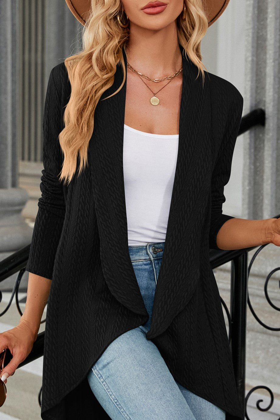 Waterfall Drape Open Front Textured Cardigan - Black - 2