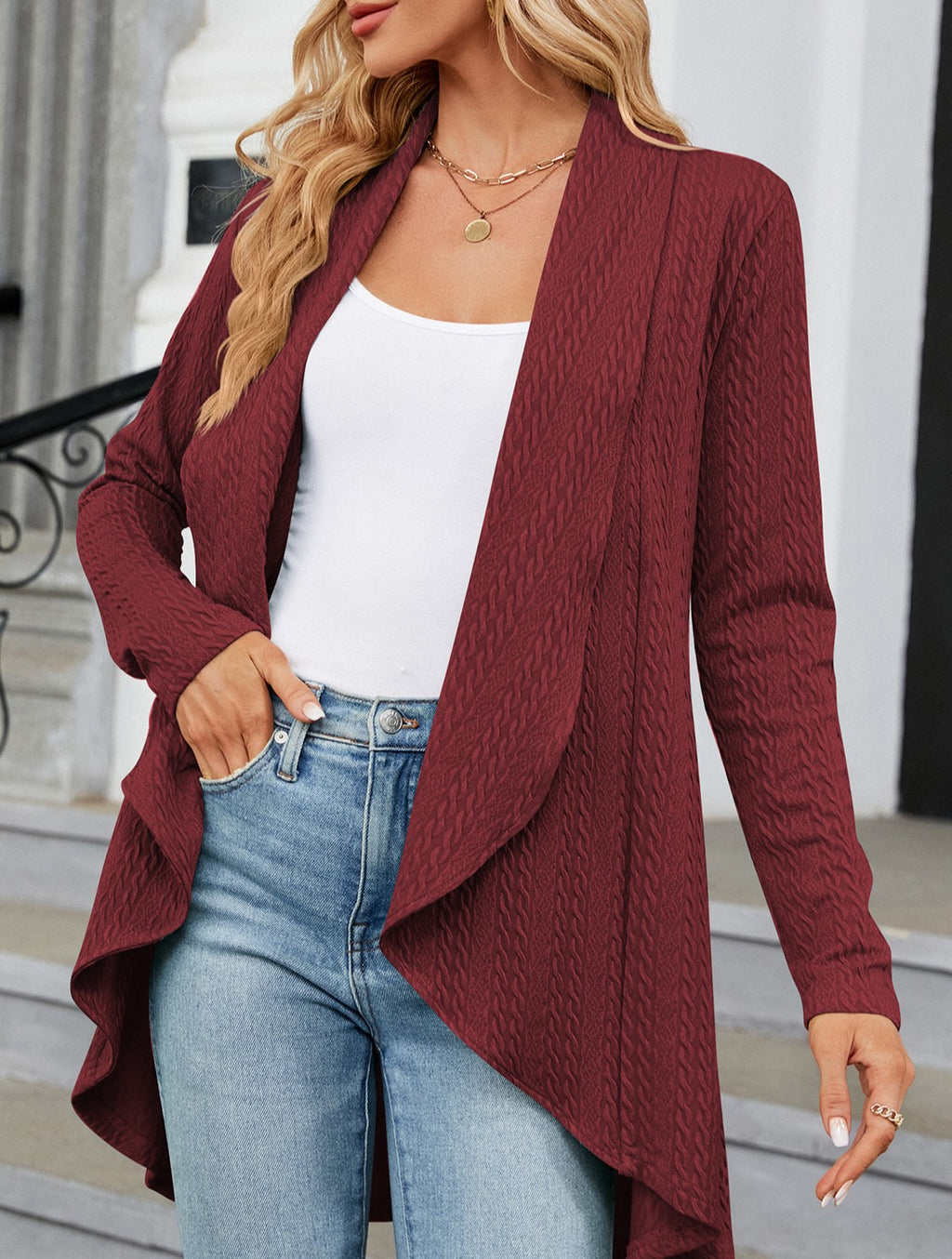 Waterfall Drape Open Front Textured Cardigan - Red