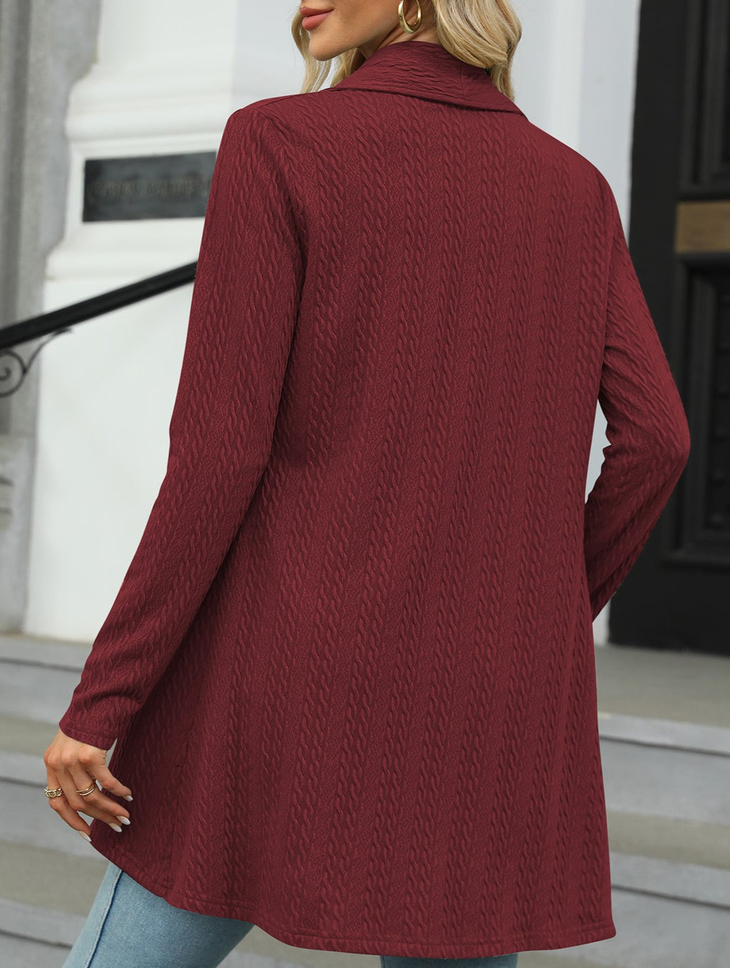 Waterfall Drape Open Front Textured Cardigan - Red - 1
